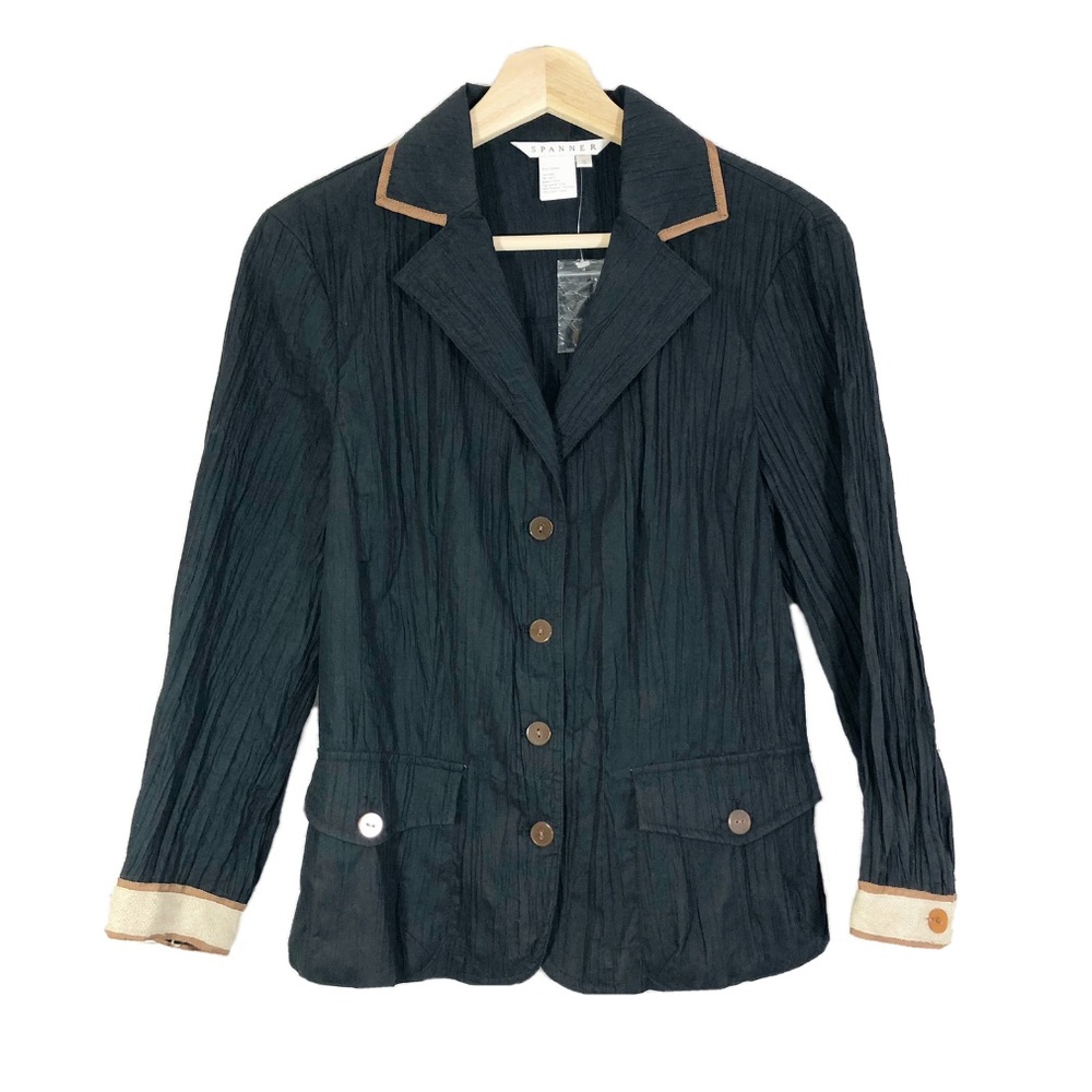 NWOT Spanner Button Front Blazer Jacket Black Tan Sz 8